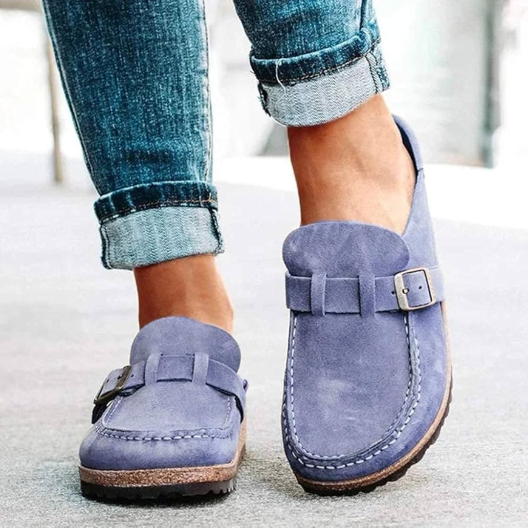 Women's Slip On Loafers with Metal Vamp Accent and Cushioned Footbed, Low Block Heel