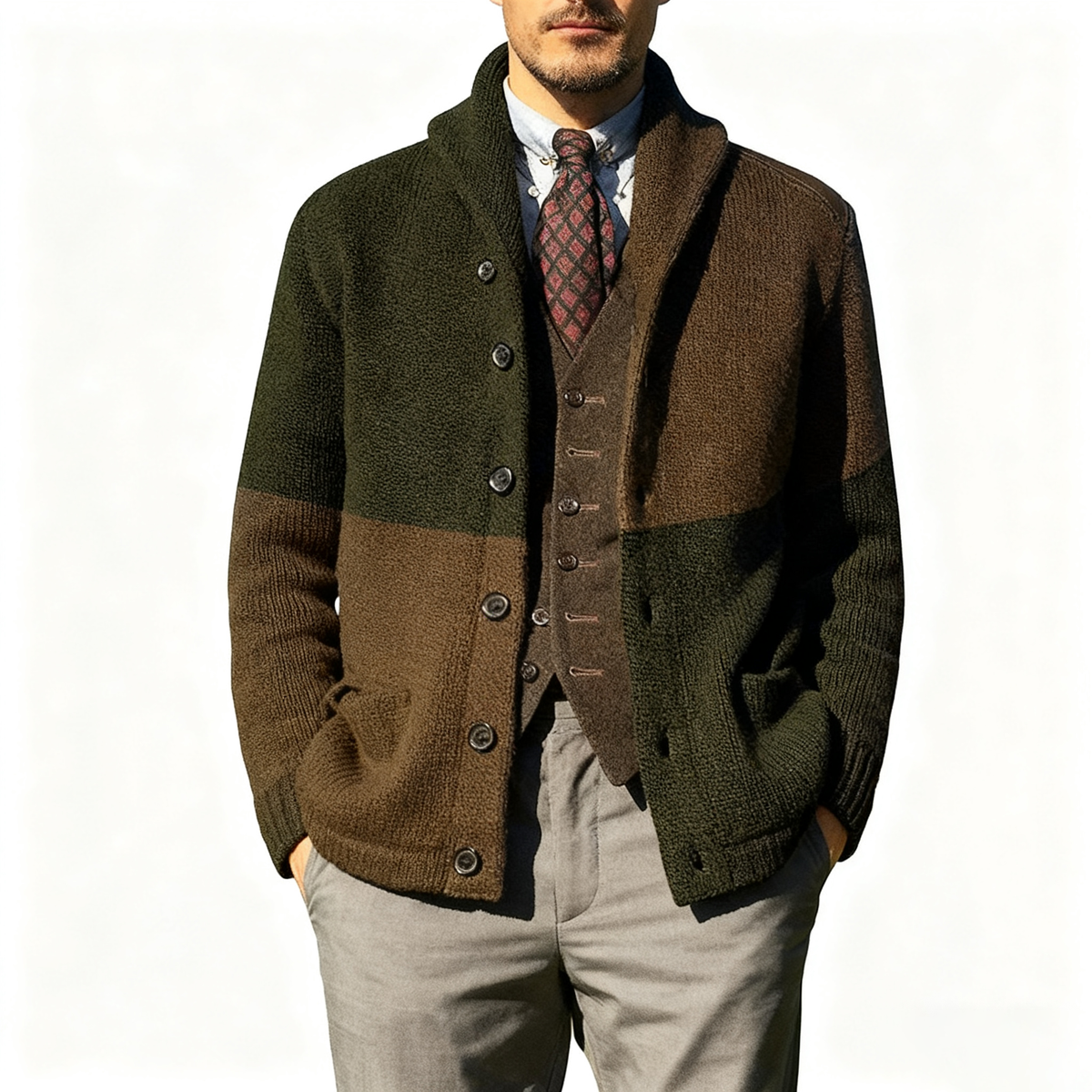 Knitted Jacket with Patchwork Color Blocking and Lapel Collar for Three Season Wear