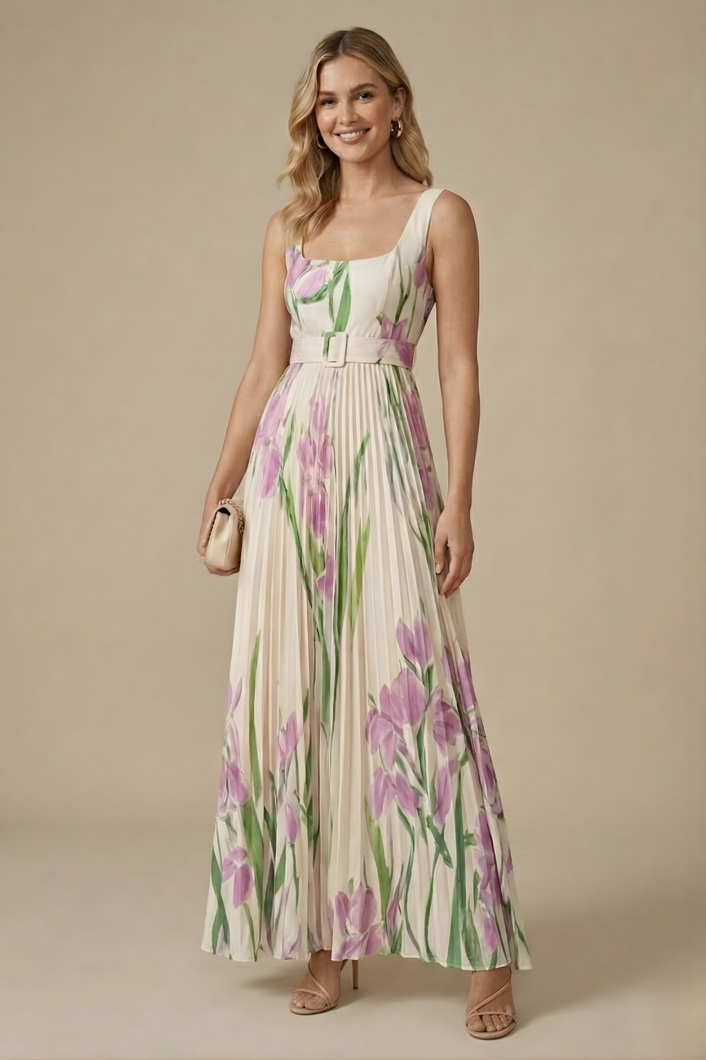 Women’s Elegant Sleeveless Floral Pleated Maxi Dress with Square Neckline