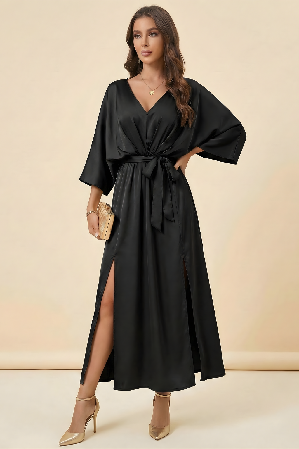 Women’s V-Neck Maxi Dress with Waist Tie and Kimono Sleeves – Occasion Wrap-Style Dress