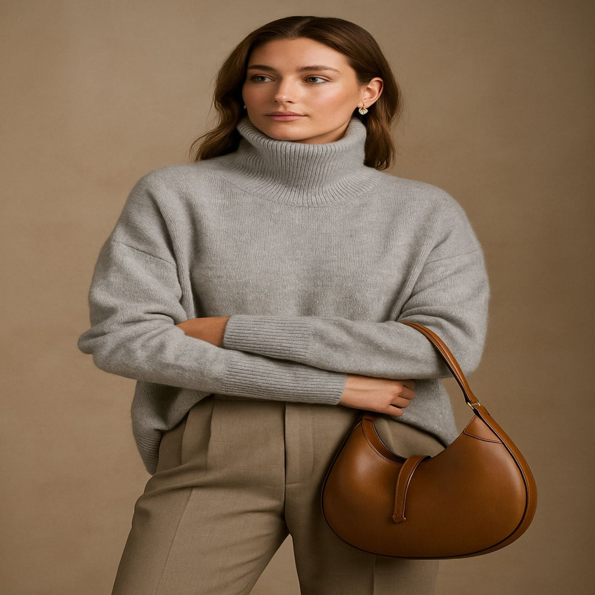 Women's Turtleneck Sweater with Relaxed Fit and Dropped Shoulders