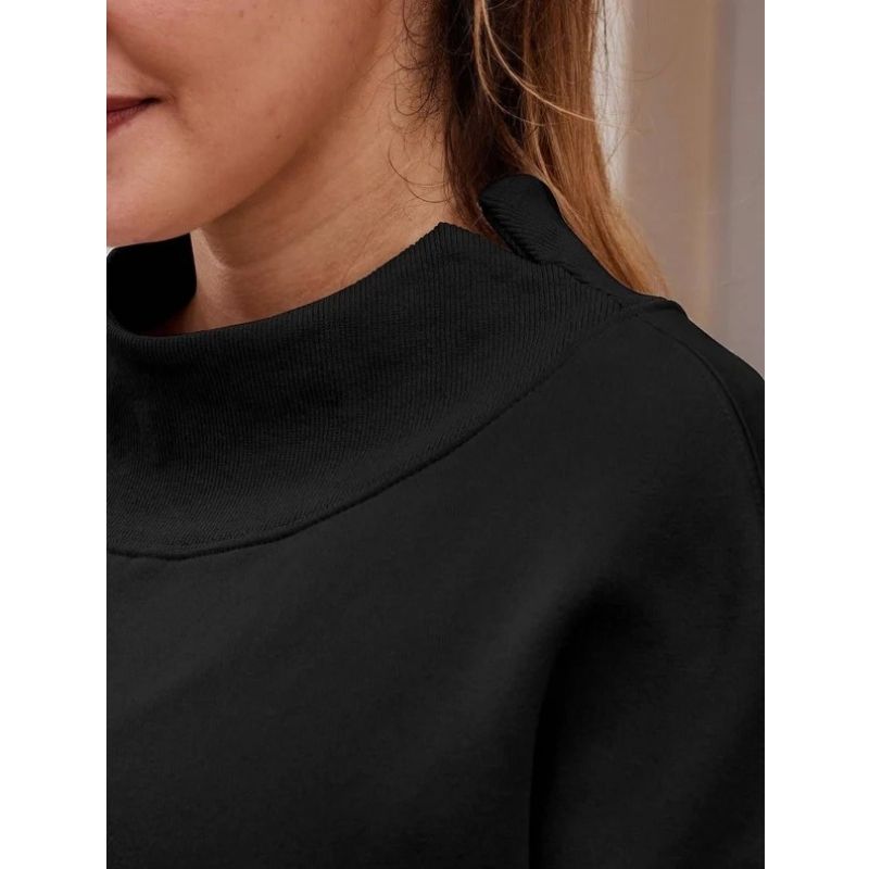 Women's Mock Neck Sweatshirt with Fleece Lining and Drop Shoulder Design, Asymmetric Slit