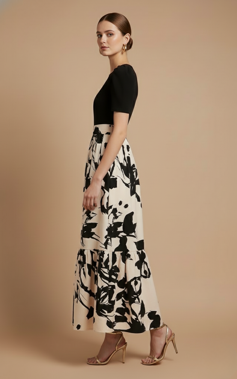 Women’s Bow-Tie Waist Maxi Dress - Short Sleeve Design - Tiered Skirt Silhouette - Elegant Occasion Dress