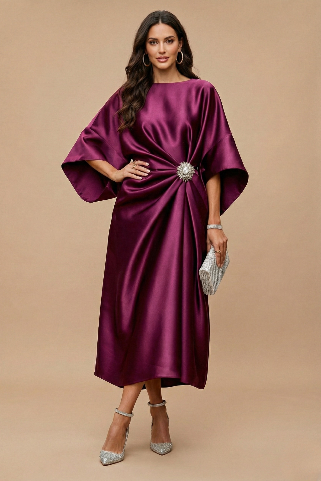 Women’s Elegant Wide Sleeve Maxi Dress with Draped Detail for Evening Occasions