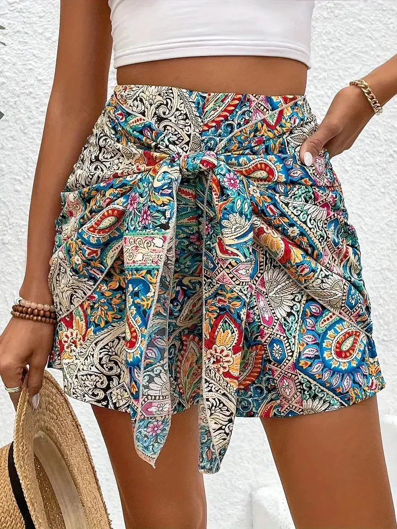 Shorts Donna Stampati - Vita Alta, Stampa Paisley, Nodo Frontale, Mini Shorts con Tasche Laterali