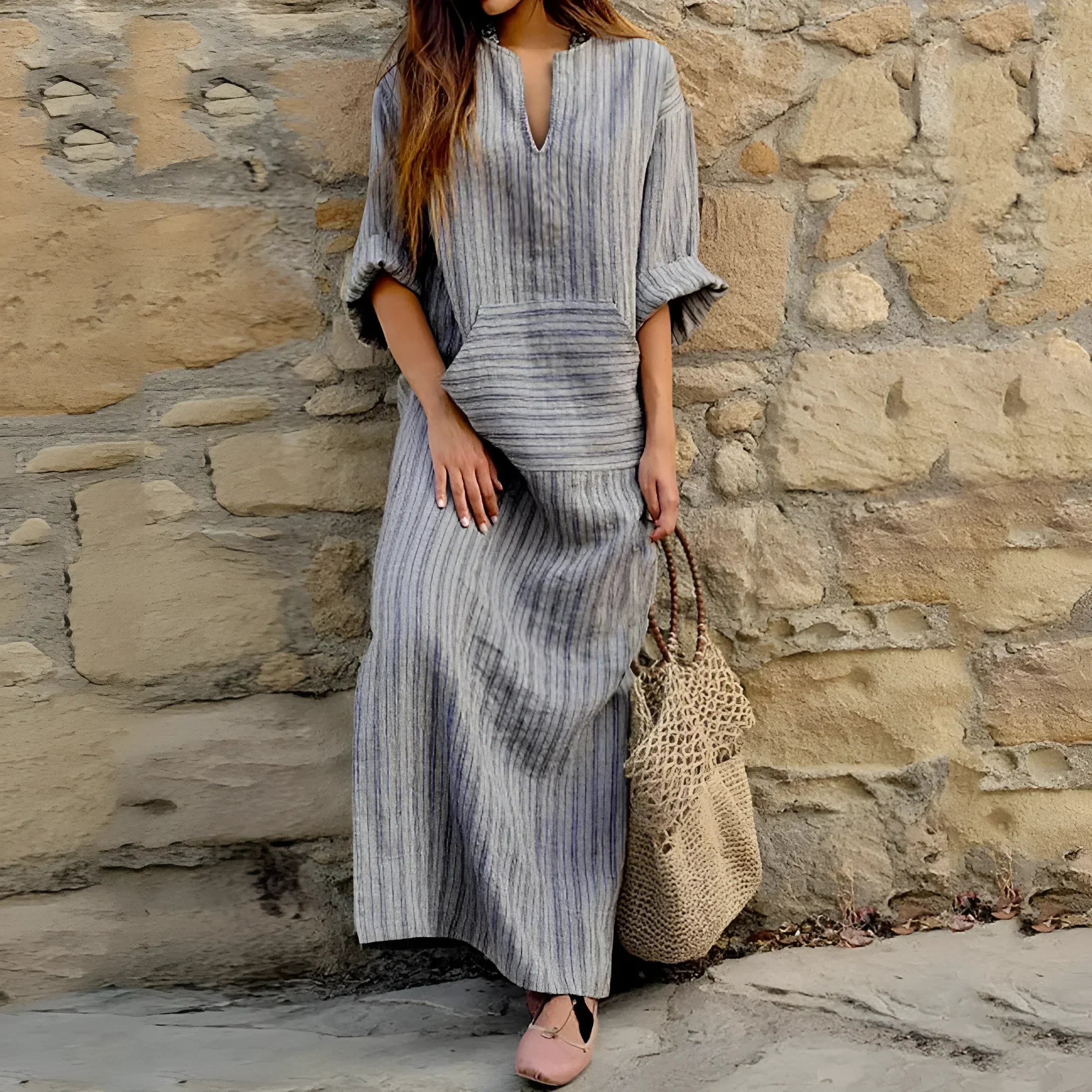 Women's Maxi Dress Cotton Linen V-Neck 3/4 Sleeve Ribbed Stripe