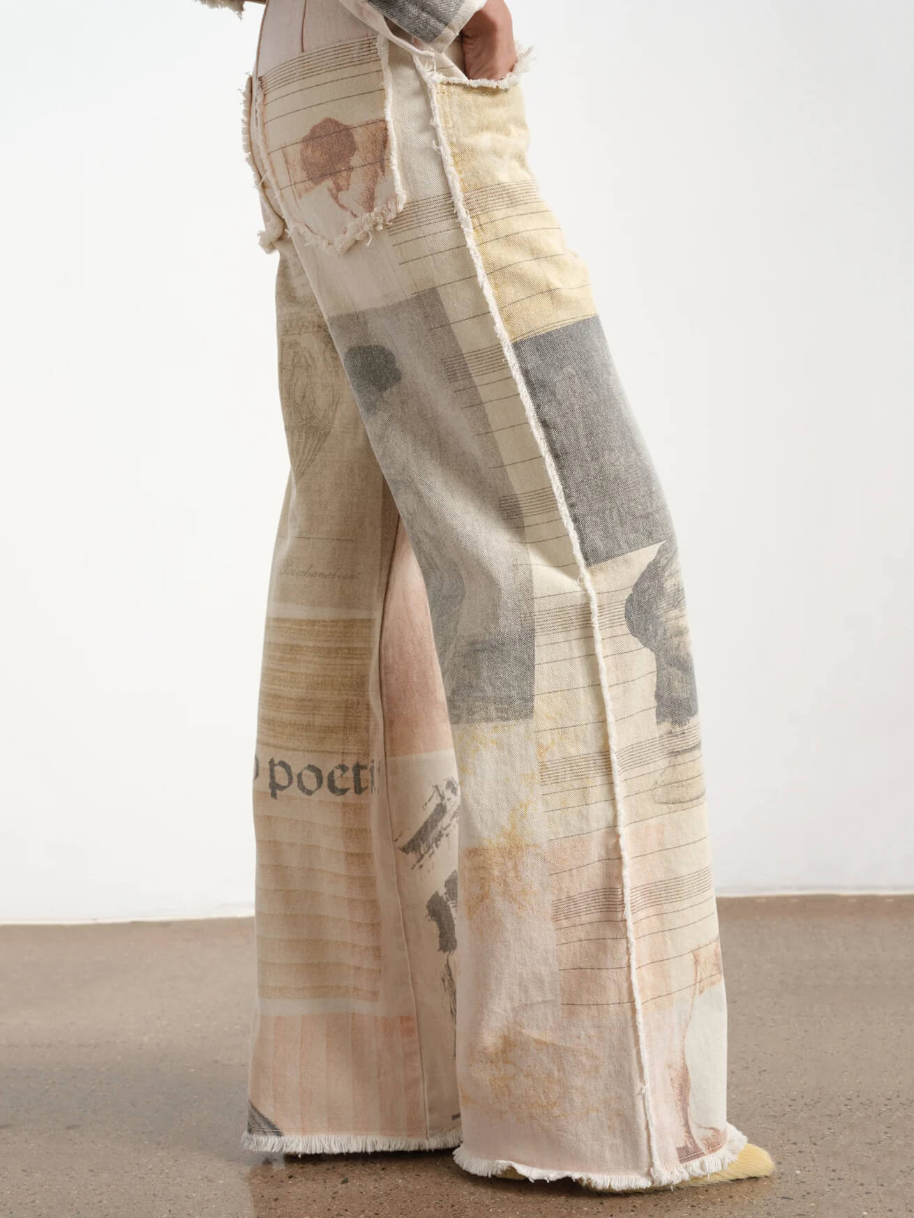 Women's Patchwork Print Wide Leg Jeans - High Rise Button Closure