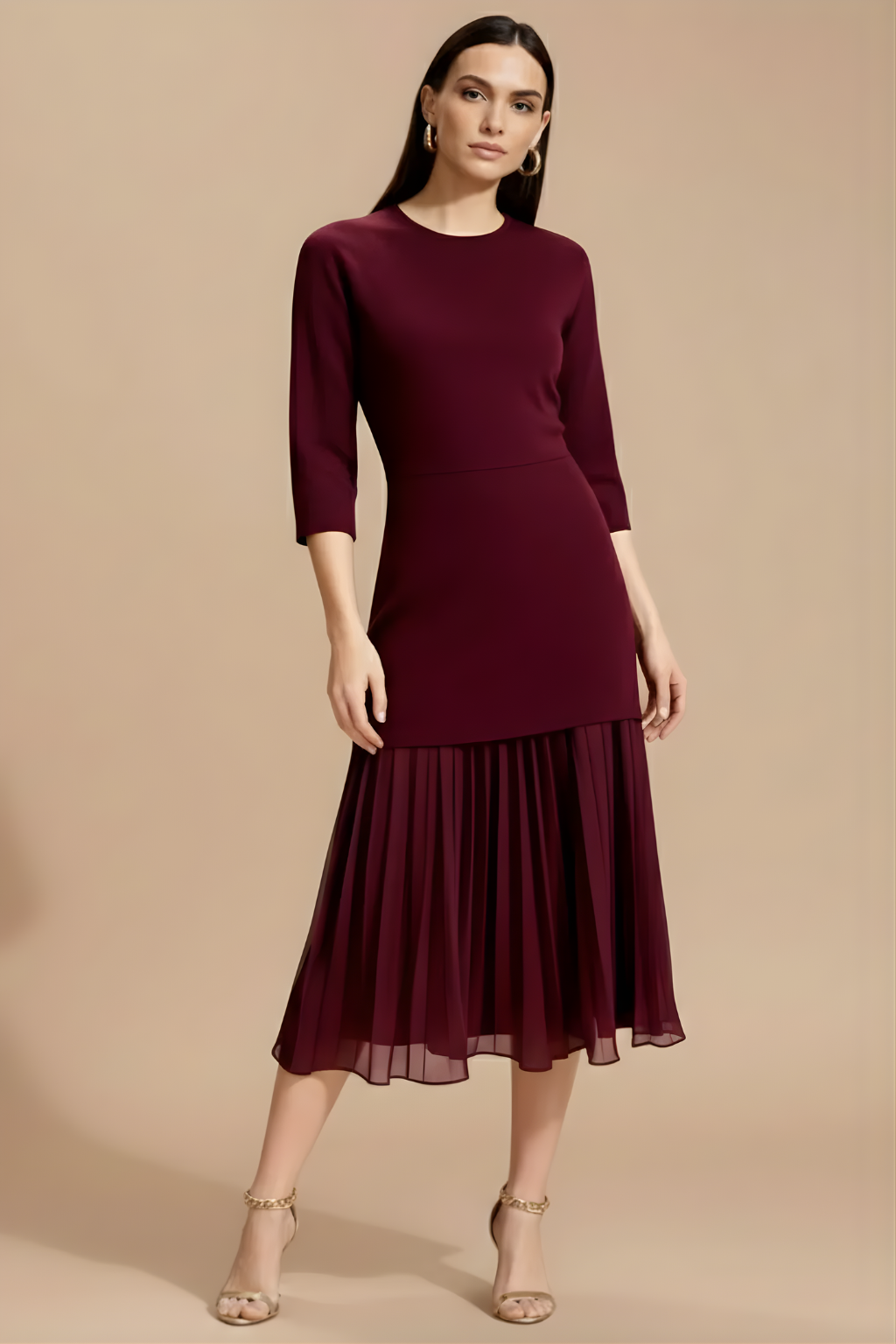 Women’s 3/4 Sleeve Pleated Midi Dress with Refined Knit Silhouette