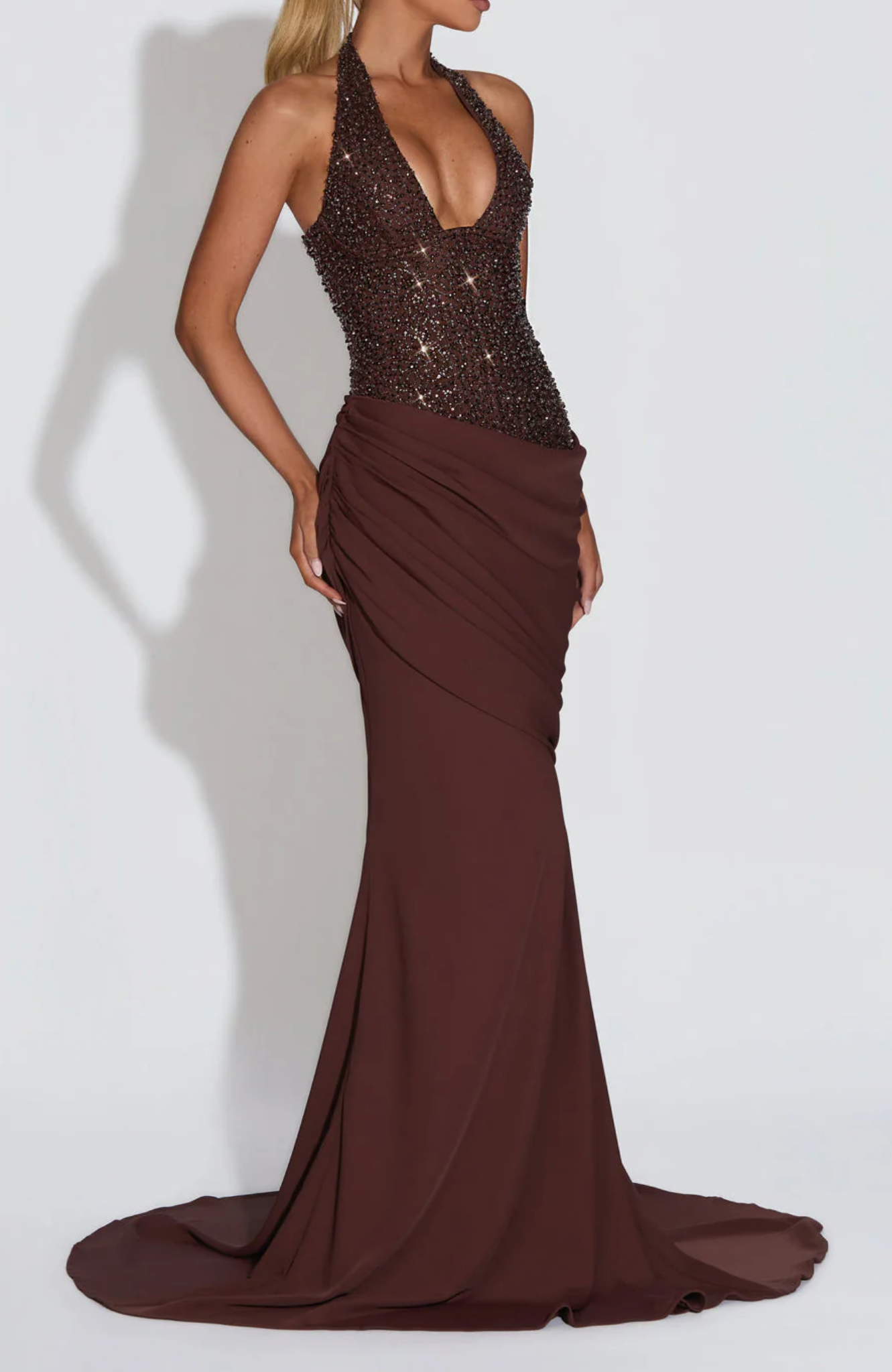 Women’s Maxi Dress with Sequin Bodice and Draped Skirt – Evening Formal Style