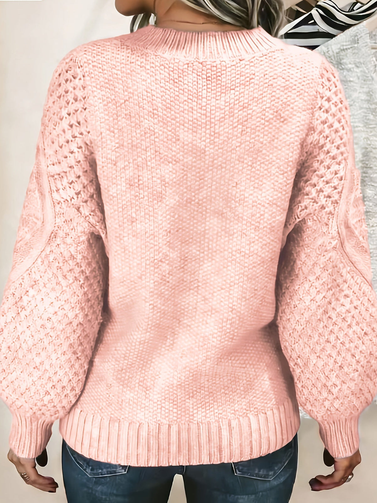 Oversized Knit Sweater with Lantern Sleeves and Hip Length