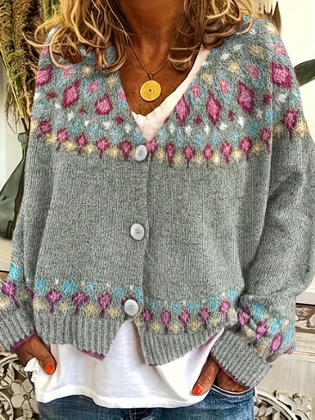 Button Front Cardigan with Nordic Geometric Pattern and V Neckline