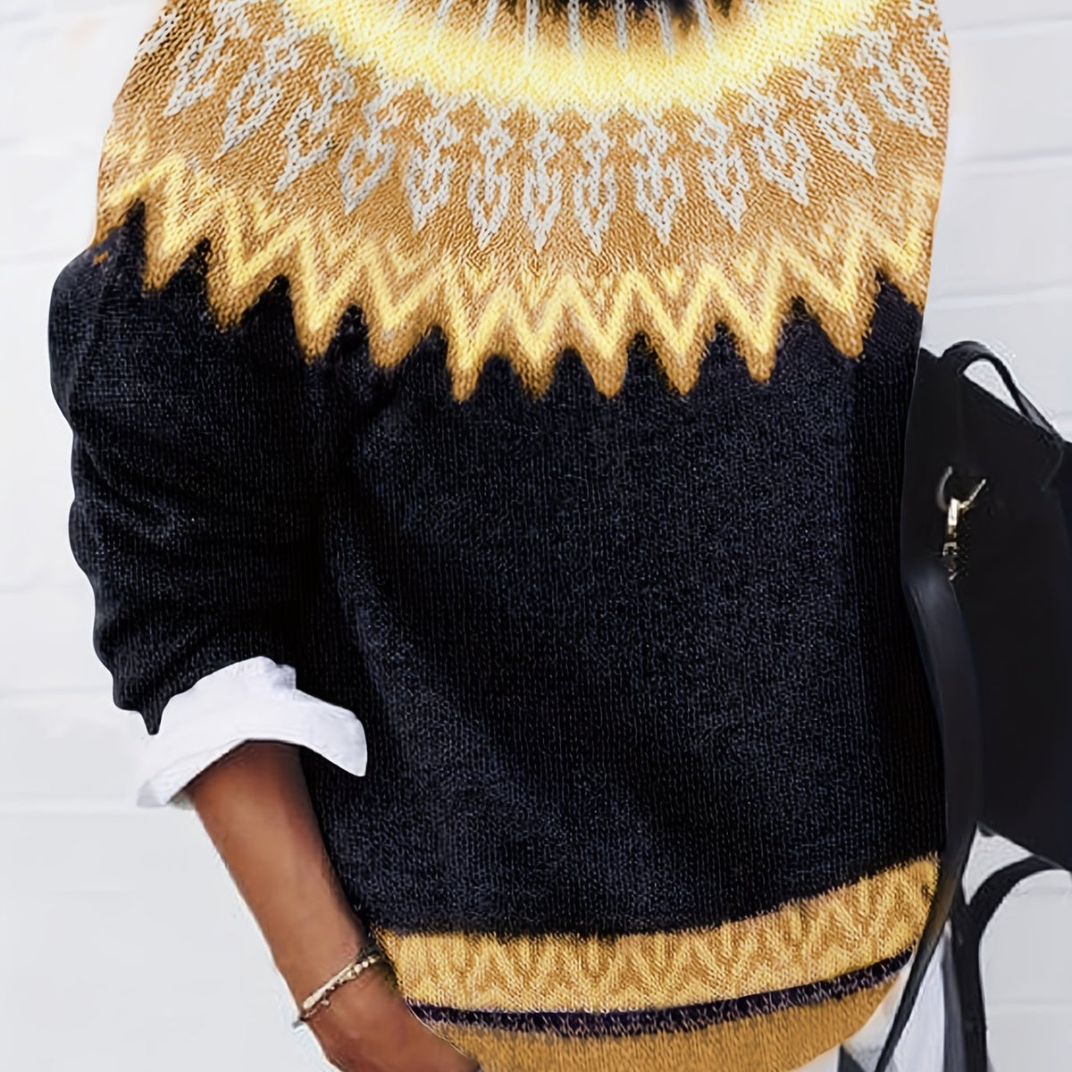 Chunky Knit Sweater with Jacquard Weave Pattern and Round Neck, Hip Length