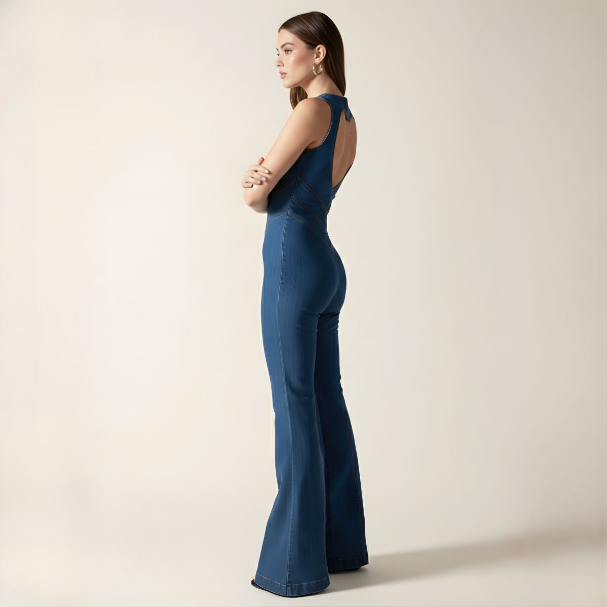 Women’s Denim Jumpsuit – Fitted Bodice and Flared Leg Design