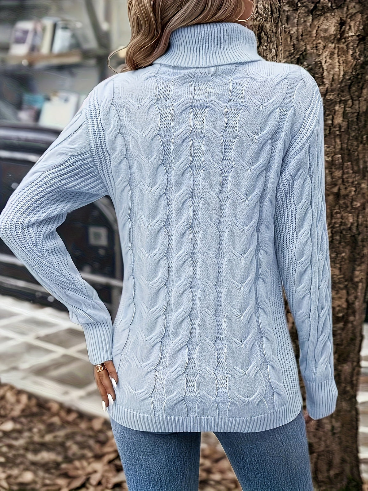 Turtleneck Sweater with Cable Knit Pattern and Relaxed Fit, Full Length Sleeves