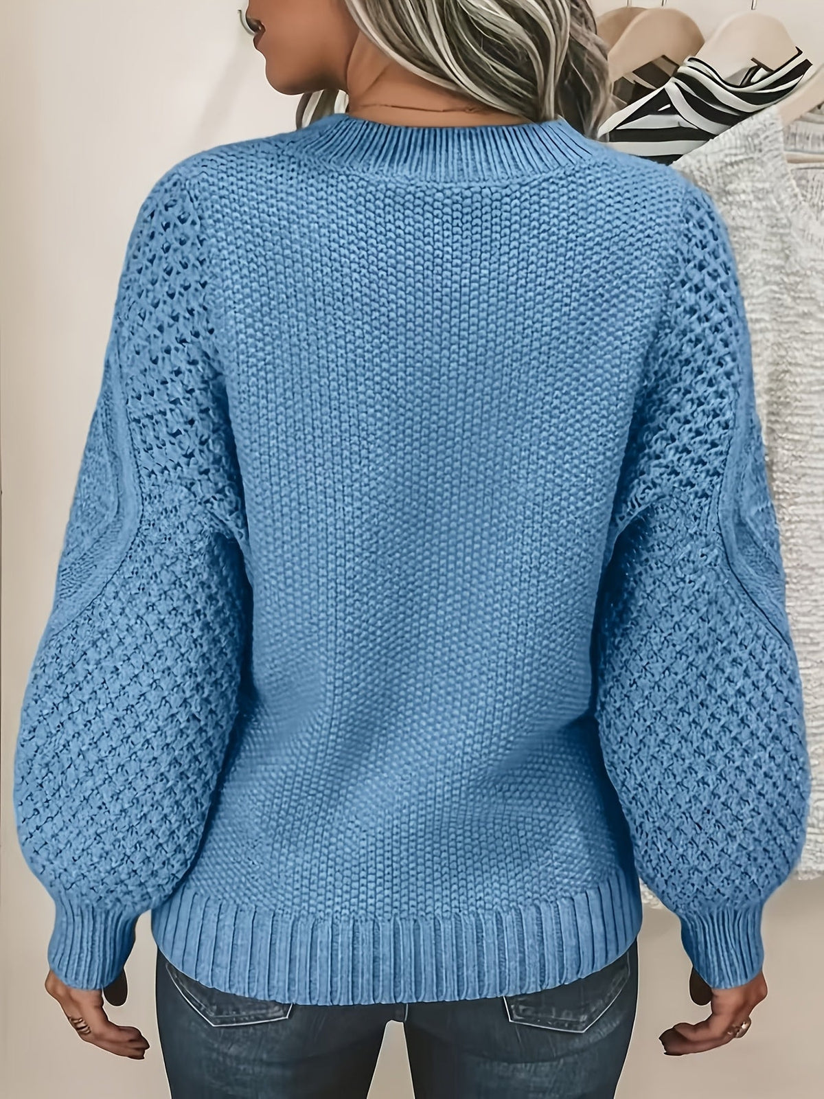 Oversized Knit Sweater with Lantern Sleeves and Hip Length