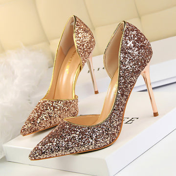 Women's Glitter Stiletto Heels - Pointed Toe - D'Orsay Cut - Slip On