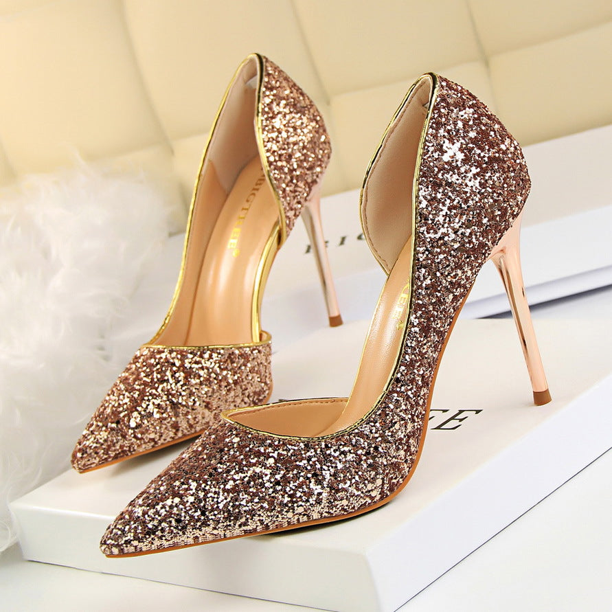 Women's Glitter Stiletto Heels - Pointed Toe - D'Orsay Cut - Slip On