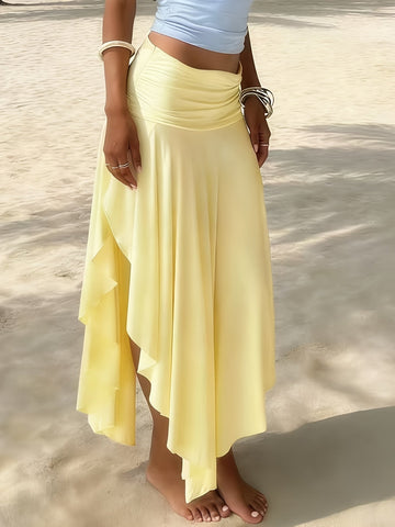 Women's Ruched Waist Asymmetric Ruffle Hem Maxi Skirt