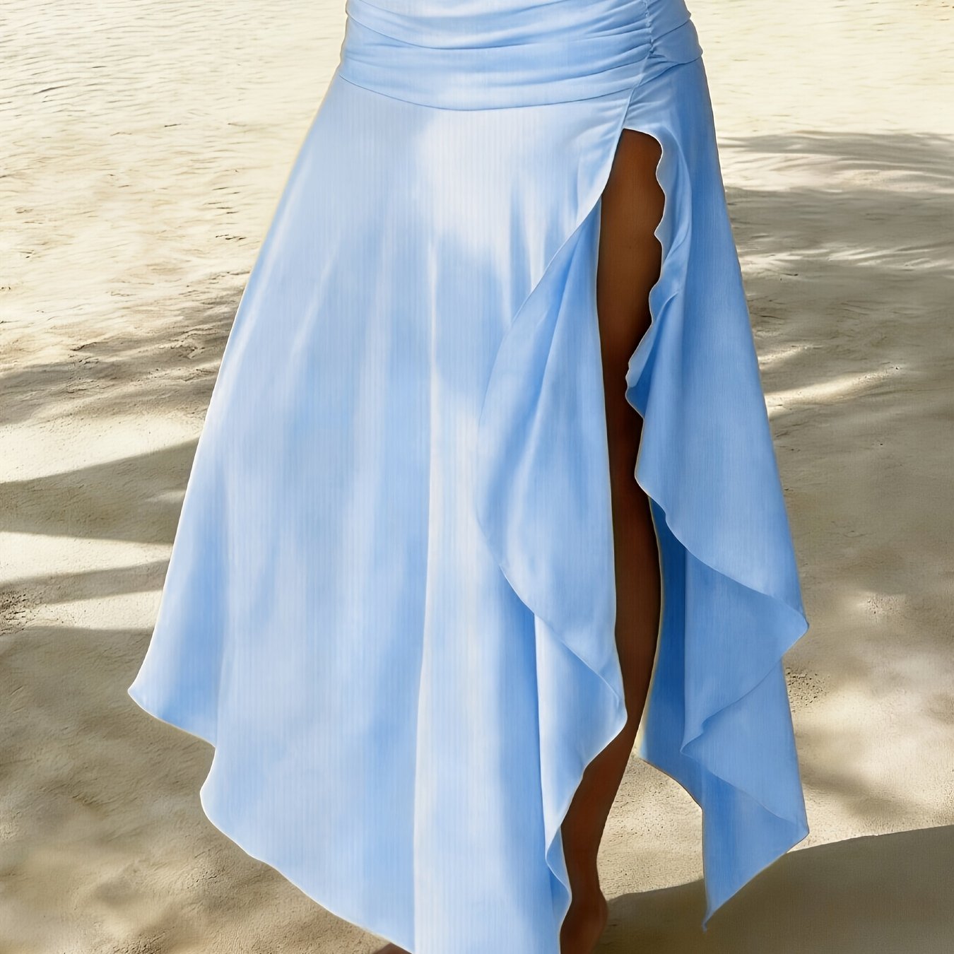 Women's Ruched Waist Asymmetric Ruffle Hem Maxi Skirt