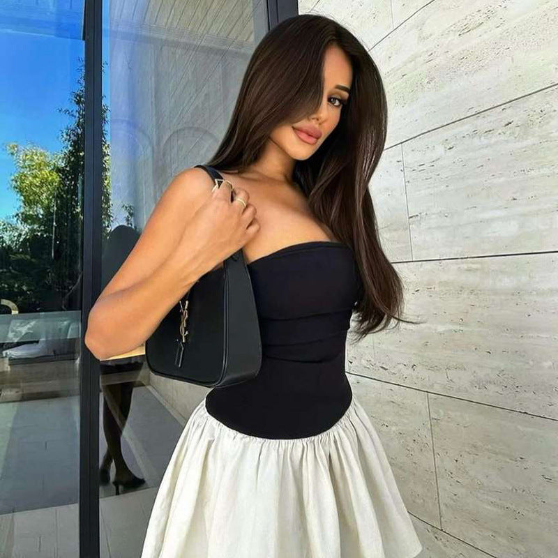 Women's Strapless Colorblock Fitted Bodice Flared Mini Dress
