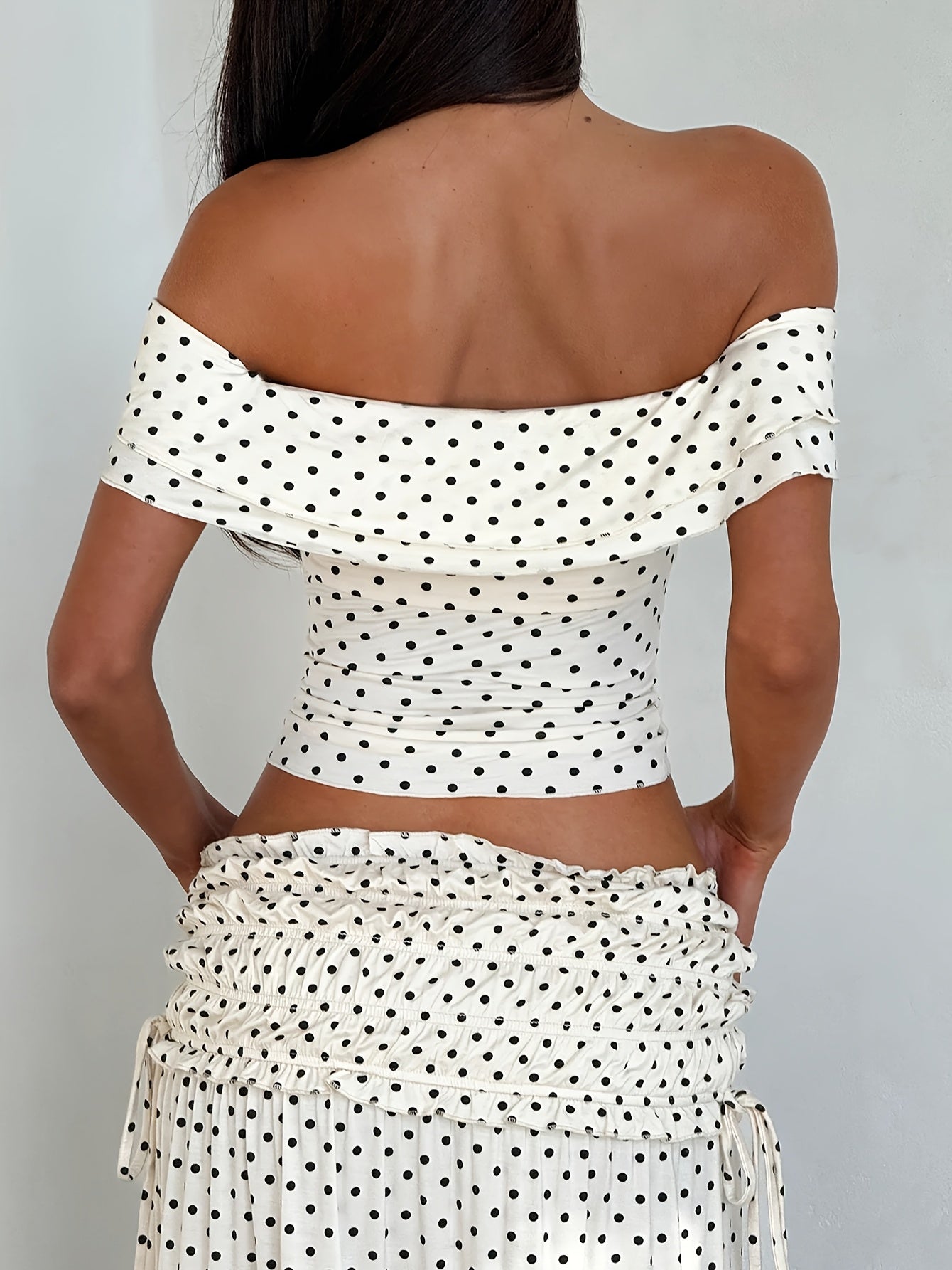 Women's Polka Dot Off the Shoulder Crop Top and Maxi Skirt Two Piece Set