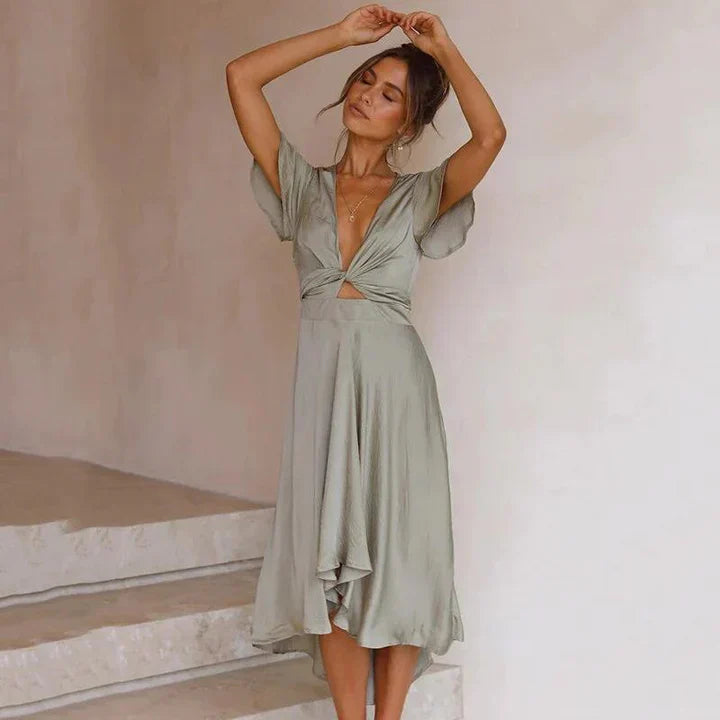 Women's V-Neck Flutter Sleeve Wrap Midi Dress - Tie Waist Ruffle Hem