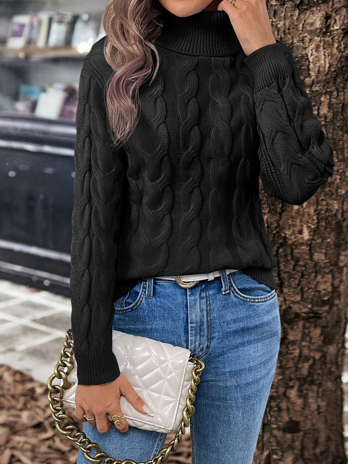 Turtleneck Sweater with Cable Knit Pattern and Relaxed Fit, Full Length Sleeves