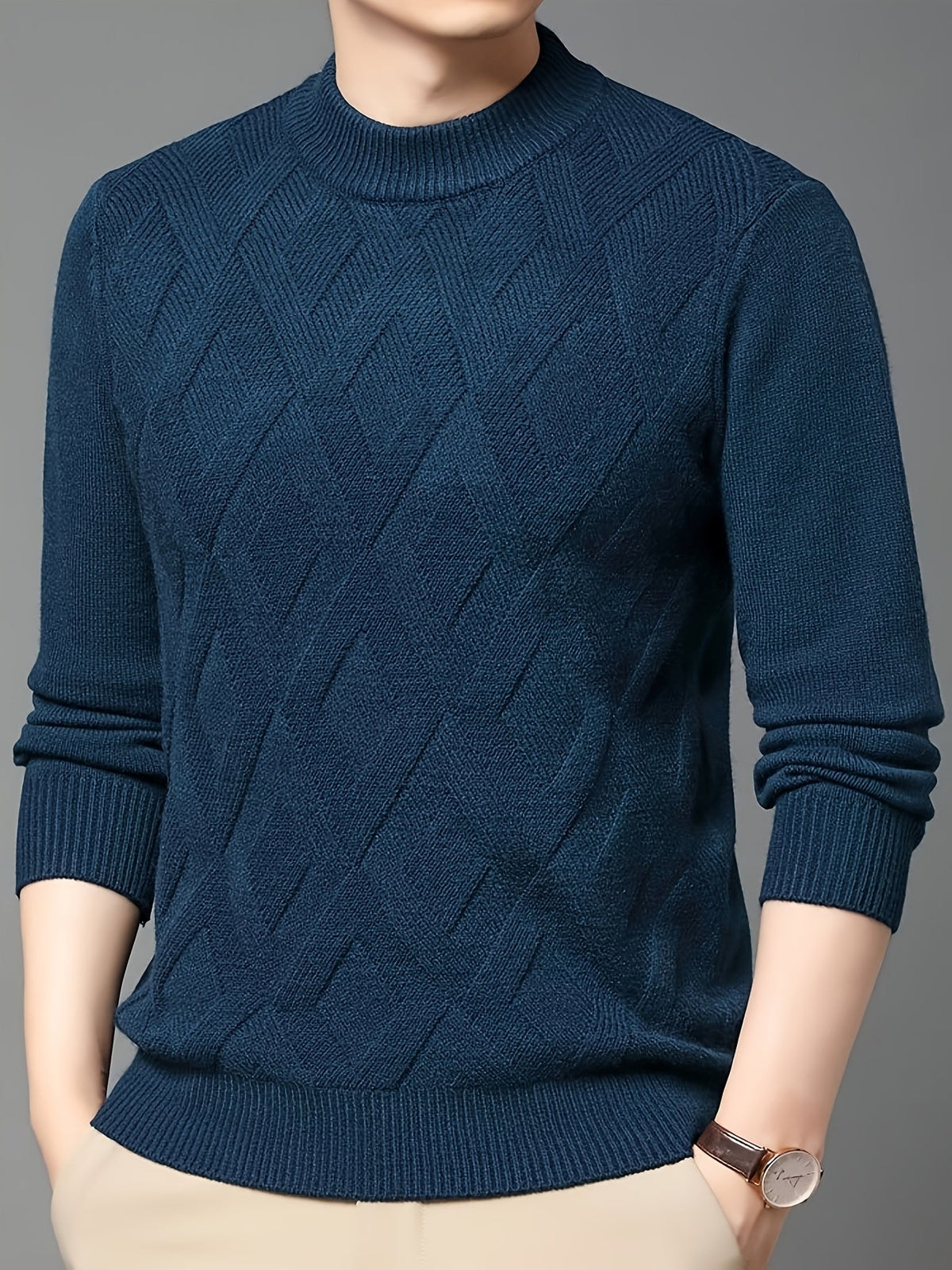 Close Fit Mock Neck Sweater with Diagonal Knit and Ribbed Cuffs