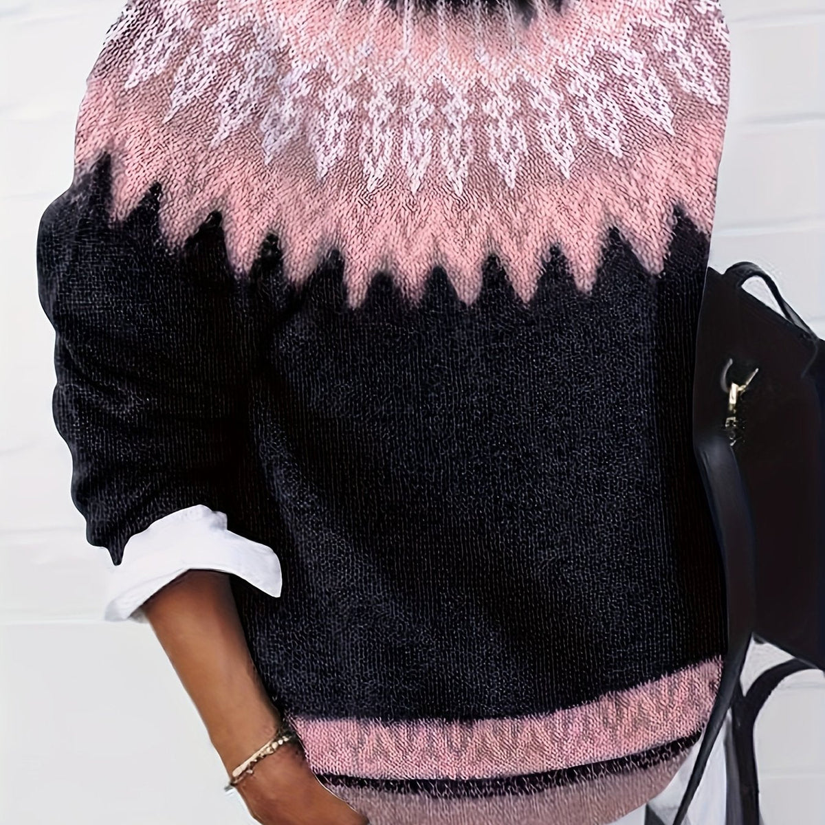 Chunky Knit Sweater with Jacquard Weave Pattern and Round Neck, Hip Length