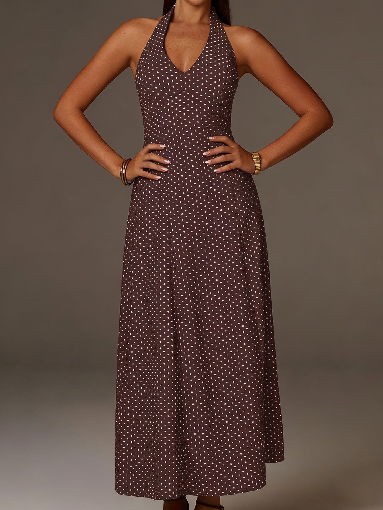 Women's Coffee Polka Dot Halter Neck Maxi Dress with Plunge Front and Smocked Back