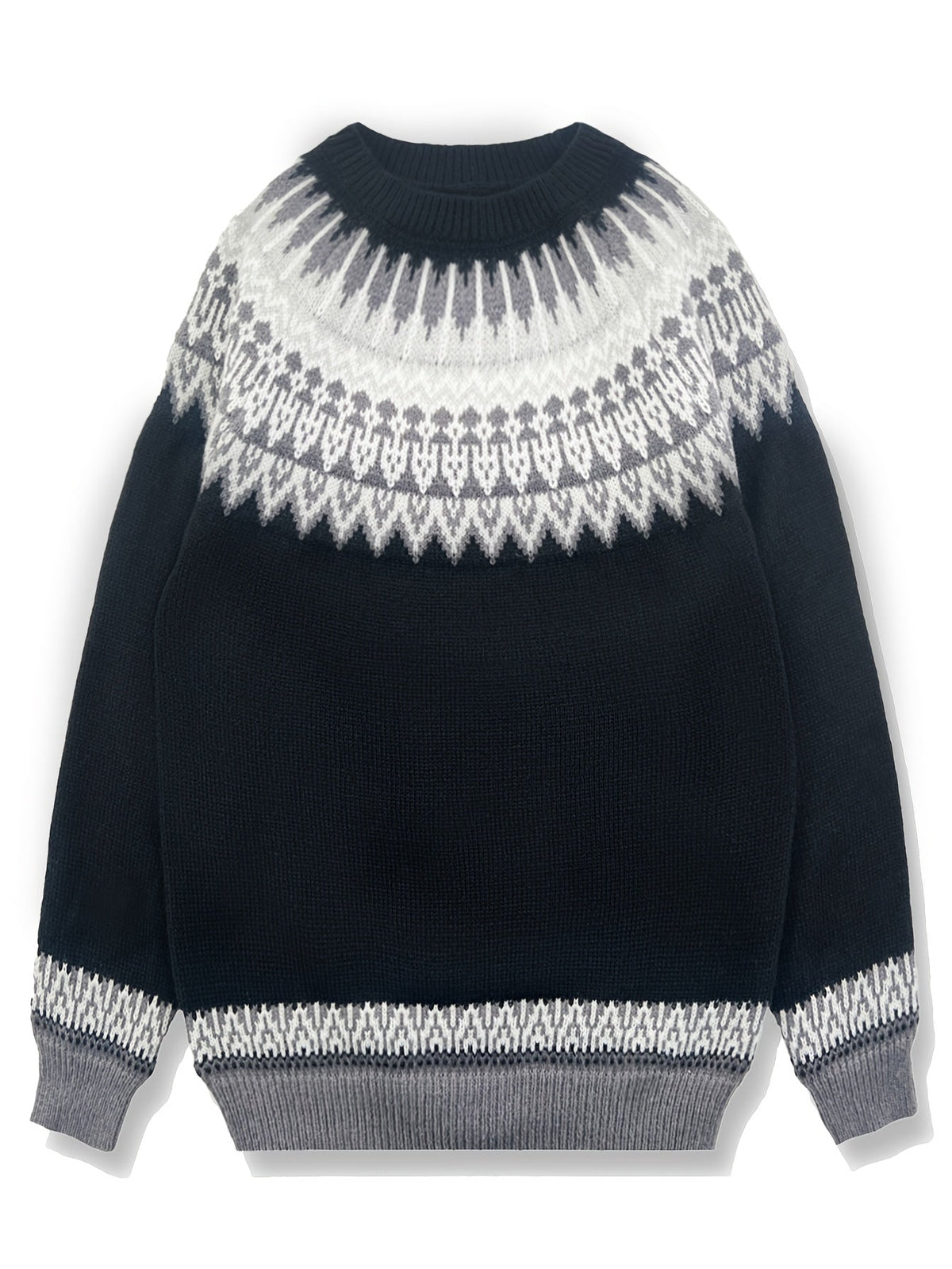 Chunky Knit Sweater with Jacquard Weave Pattern and Round Neck, Hip Length
