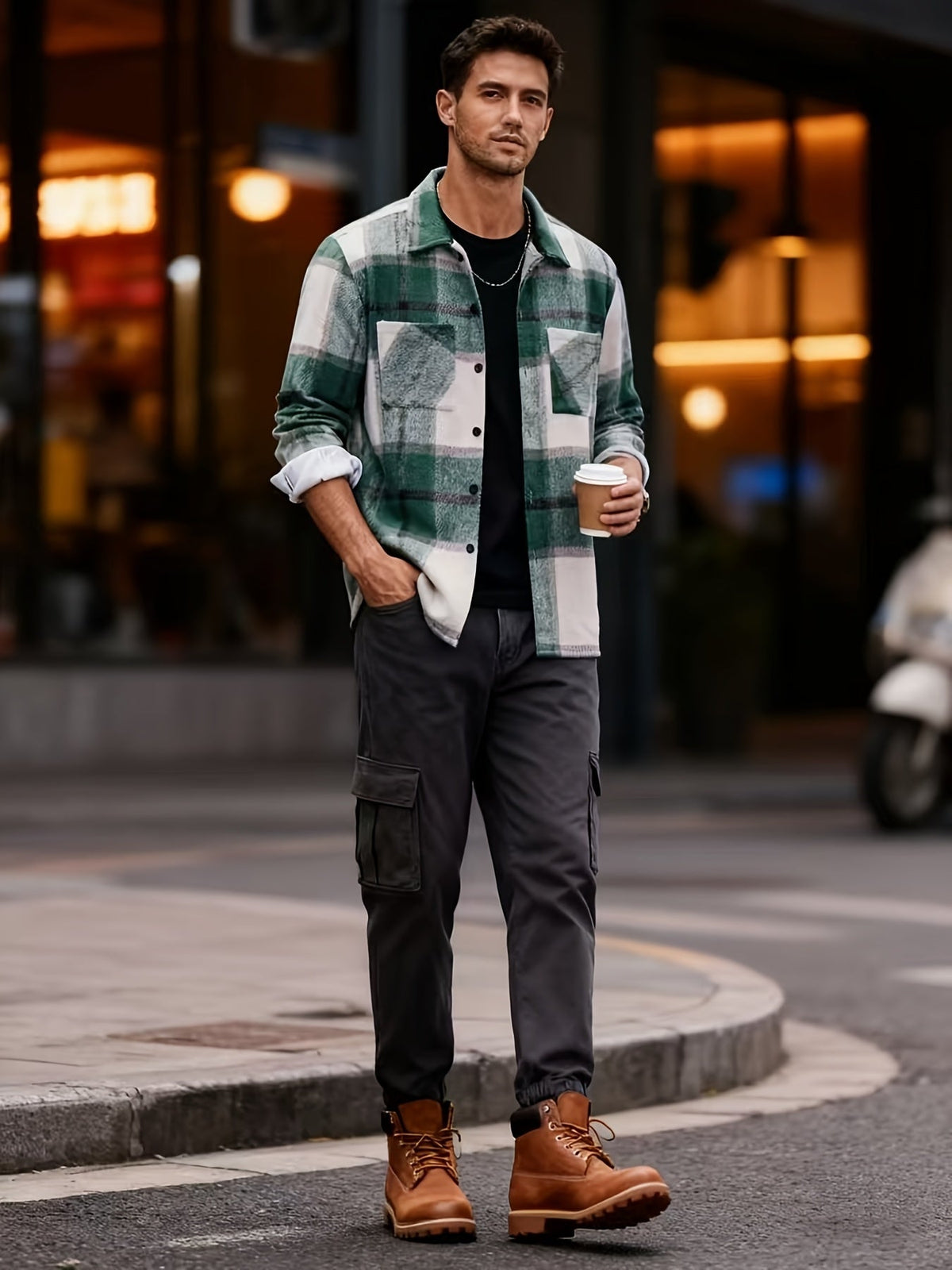 Check Grid Button Front Overshirt with Chest Pockets and Adjustable Cuffs