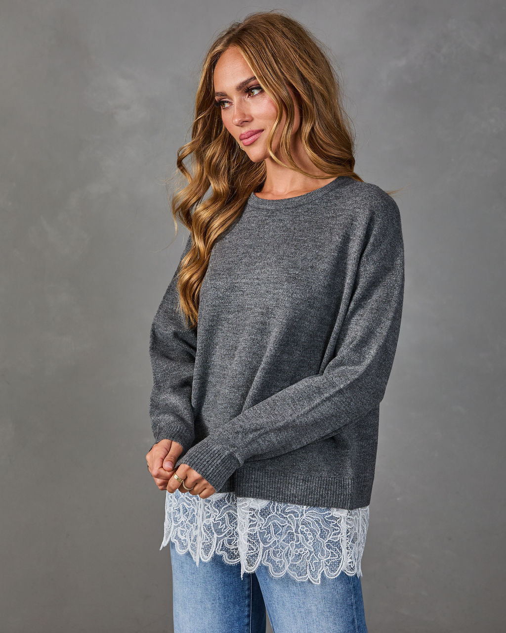 Women's Fitted Knit Sweater with Lace Hip Trim and Ribbed Edges