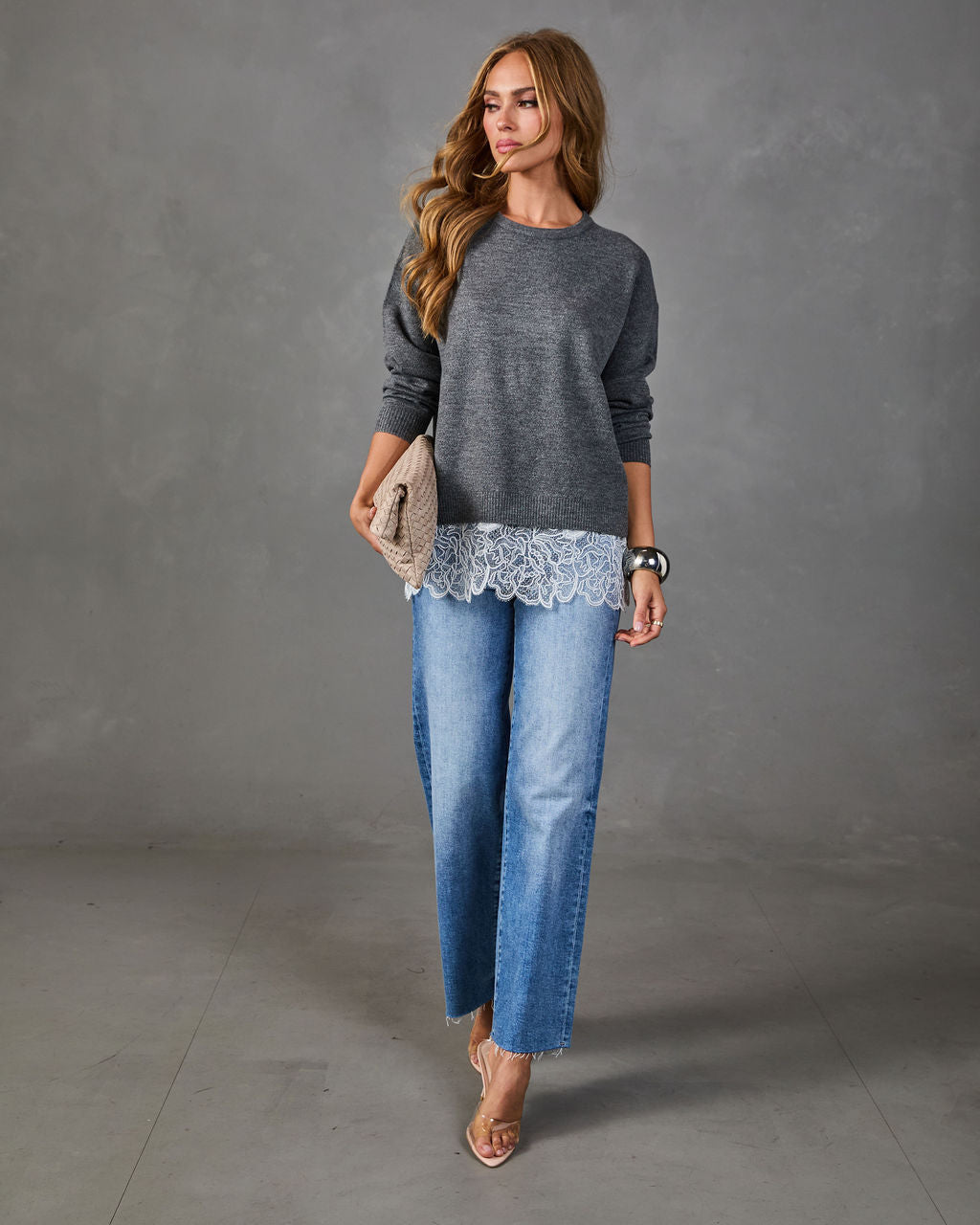 Women's Fitted Knit Sweater with Lace Hip Trim and Ribbed Edges