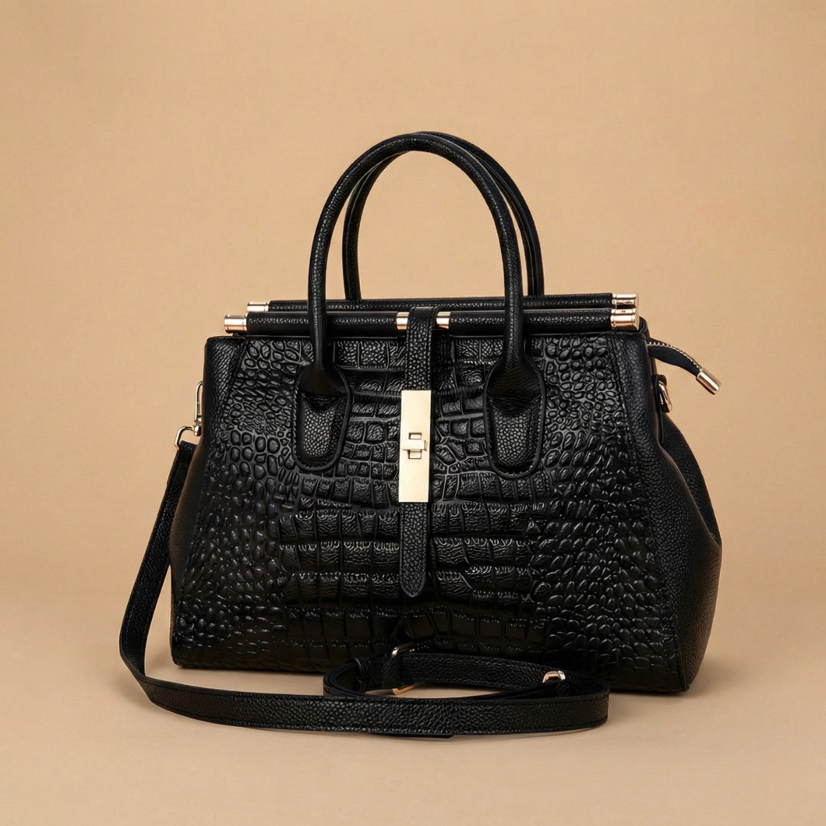 Women’s Structured Top Handle Bag with Embossed Texture and Metal Lock Closure