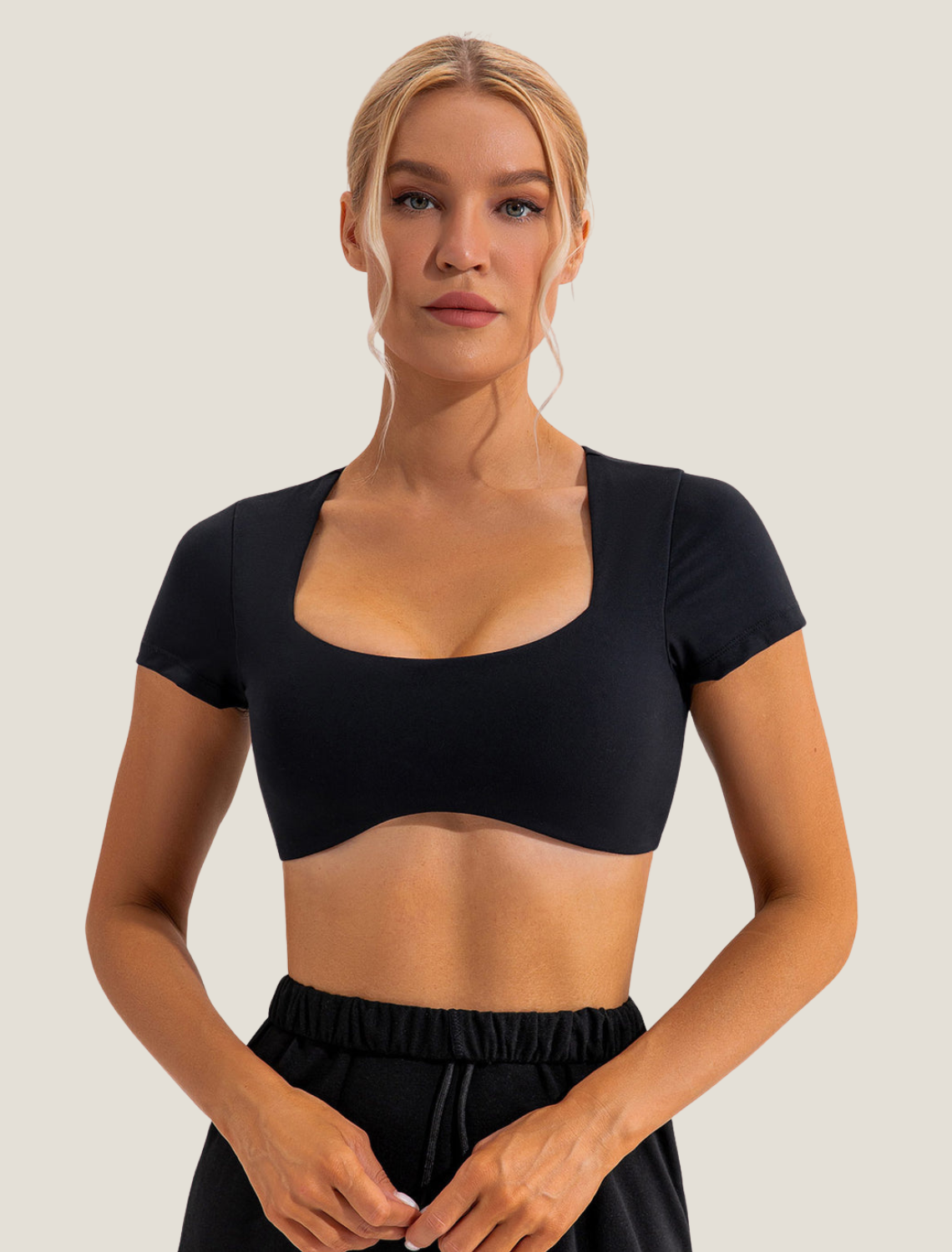 Women’s Short Sleeve Crop Top - Square Neck Fitted Active Top for Training and Everyday Wear
