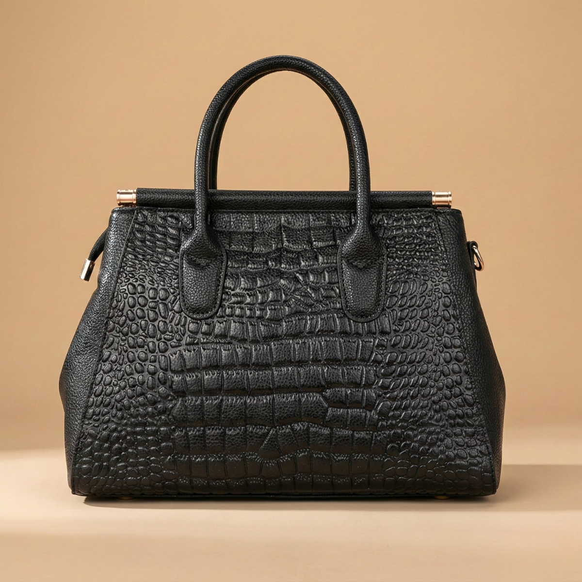 Women’s Structured Top Handle Bag with Embossed Texture and Metal Lock Closure