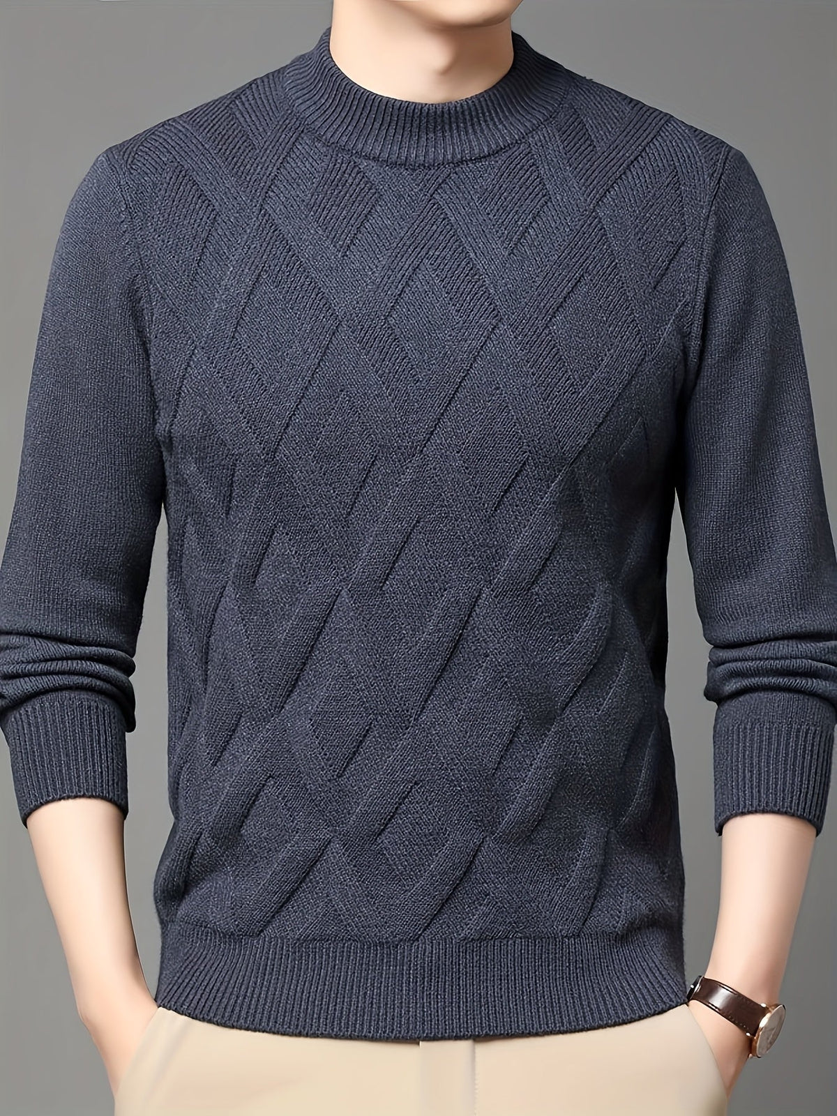 Close Fit Mock Neck Sweater with Diagonal Knit and Ribbed Cuffs