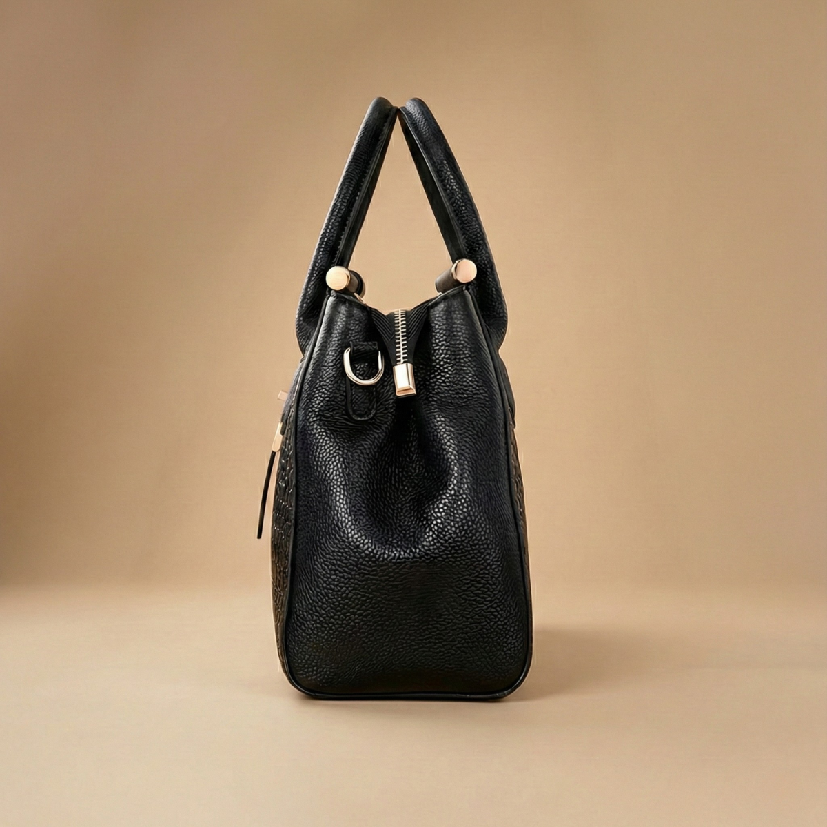 Women’s Structured Top Handle Bag with Embossed Texture and Metal Lock Closure