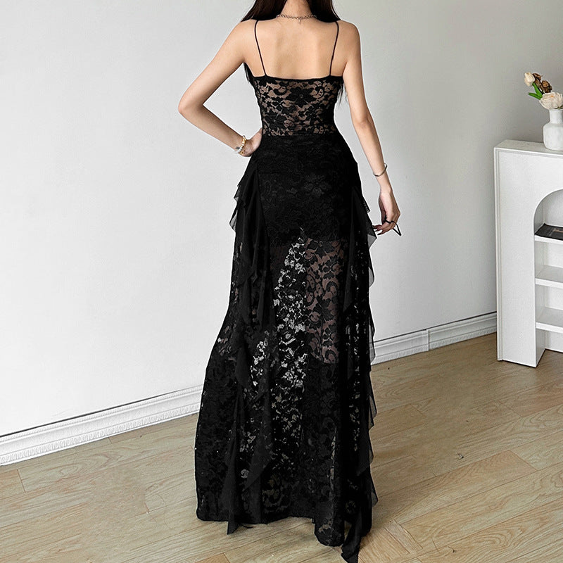 Women's Sheer Lace Maxi Dress - V Neck - Spaghetti Strap - Cut Out - Ruffle Hem