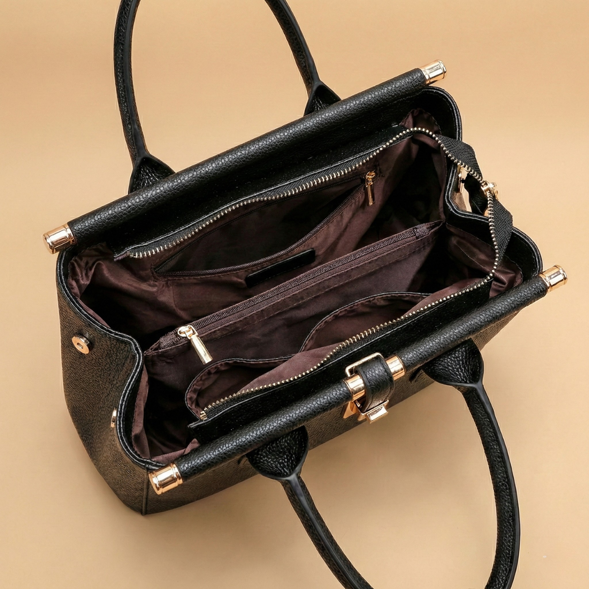 Women’s Structured Top Handle Bag with Embossed Texture and Metal Lock Closure