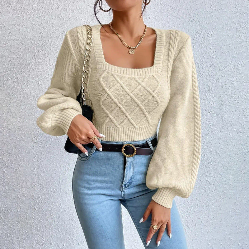 Women's Cropped Sweater with Square Collar and Cable Knit Panel, Balloon Sleeves