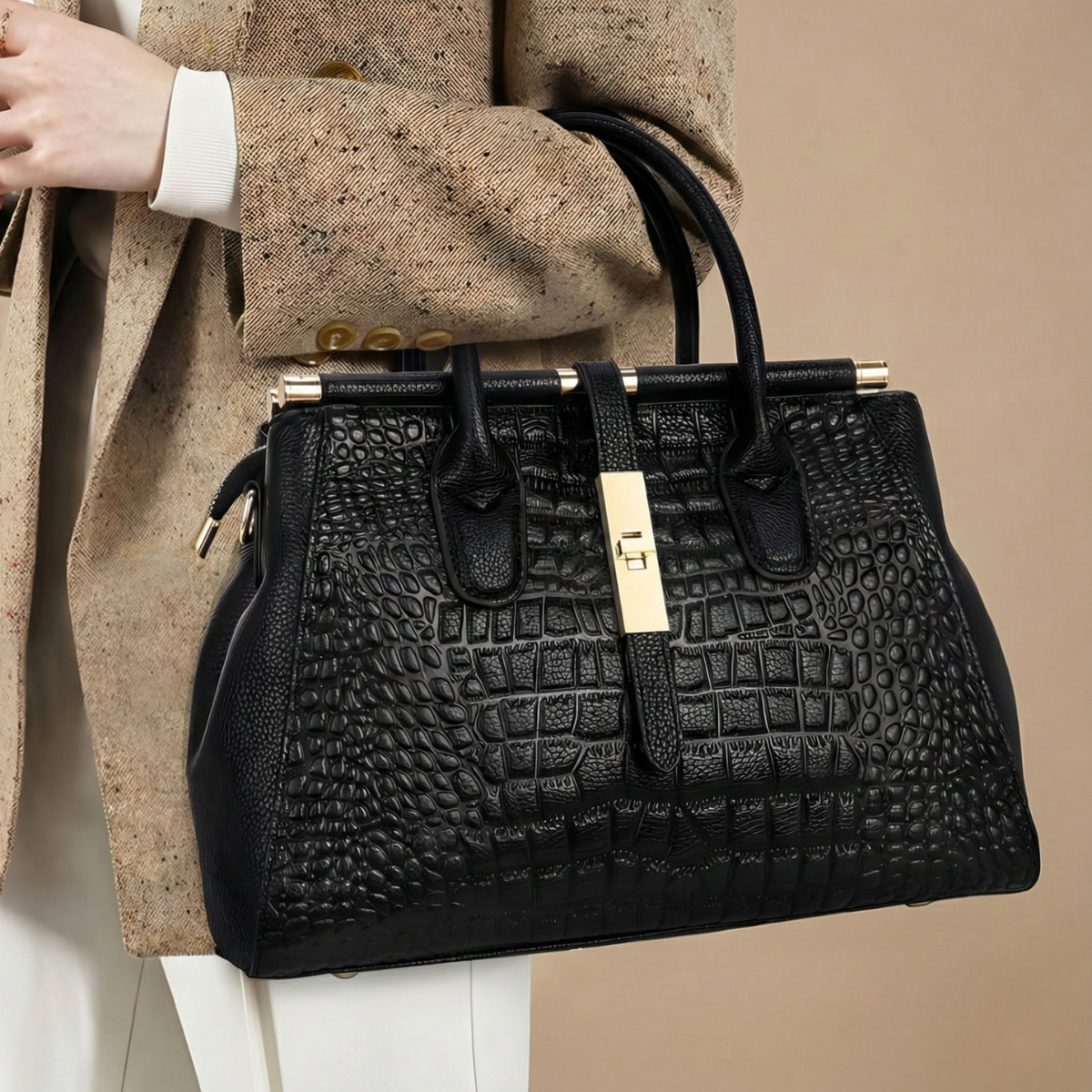 Women’s Structured Top Handle Bag with Embossed Texture and Metal Lock Closure