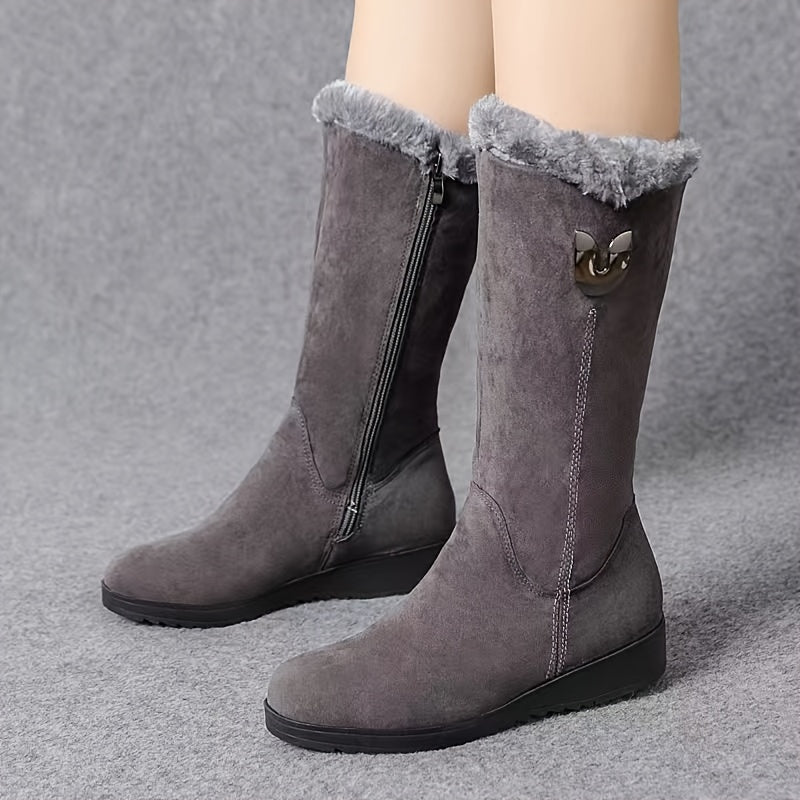 Slip-On Mid Calf Winter Boots with Textured Anti-Slip Sole and Plush Lining
