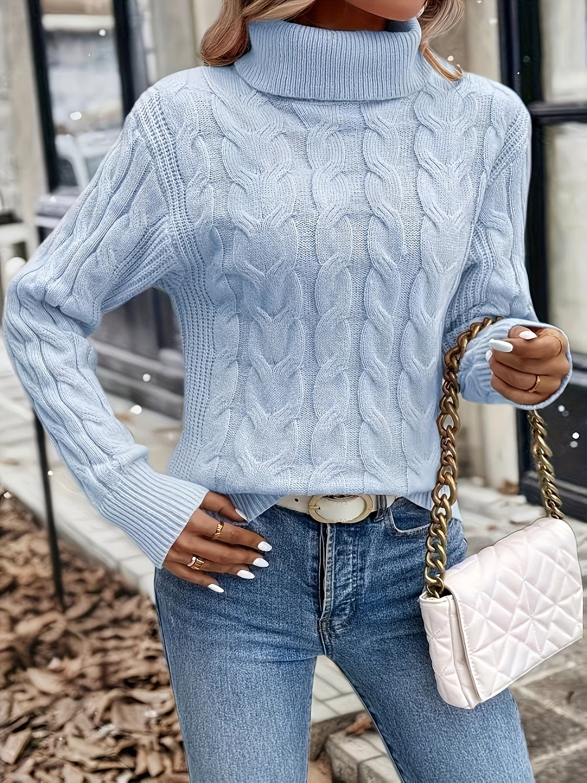 Turtleneck Sweater with Cable Knit Pattern and Relaxed Fit, Full Length Sleeves