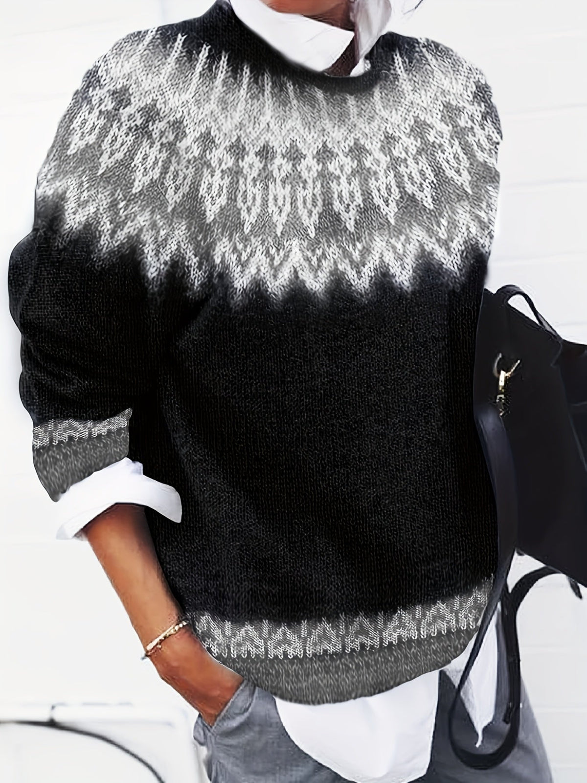 Chunky Knit Sweater with Jacquard Weave Pattern and Round Neck, Hip Length
