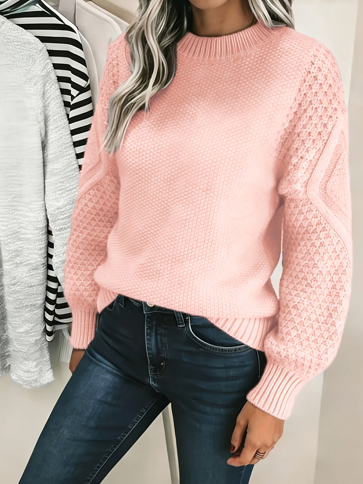 Oversized Knit Sweater with Lantern Sleeves and Hip Length