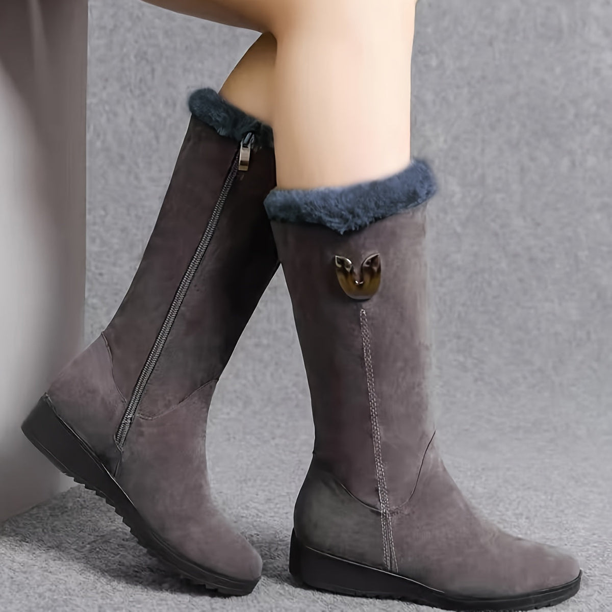 Slip-On Mid Calf Winter Boots with Textured Anti-Slip Sole and Plush Lining
