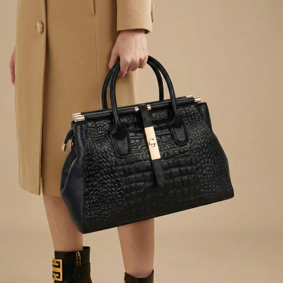 Women’s Structured Top Handle Bag with Embossed Texture and Metal Lock Closure