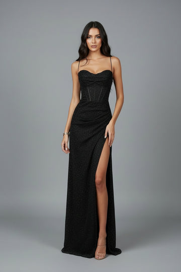 Women’s Corset Maxi Dress with Spaghetti Straps and High Slit